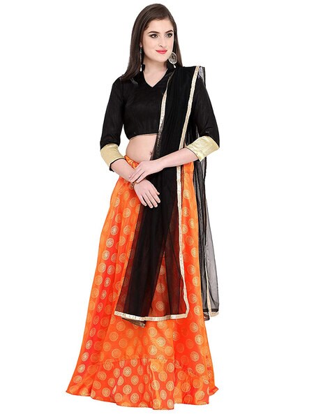 Black Multicoloured Thread & Mirror Embroidered Lehenga – Maharani