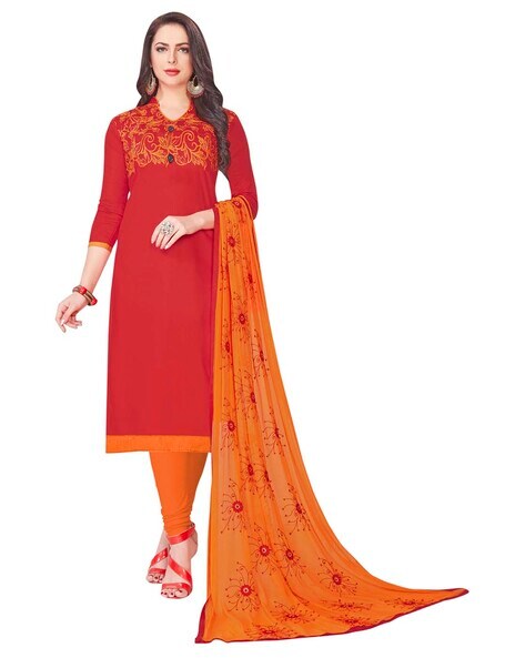 Cotton Embroidered Unstitched Dress Material Price in India