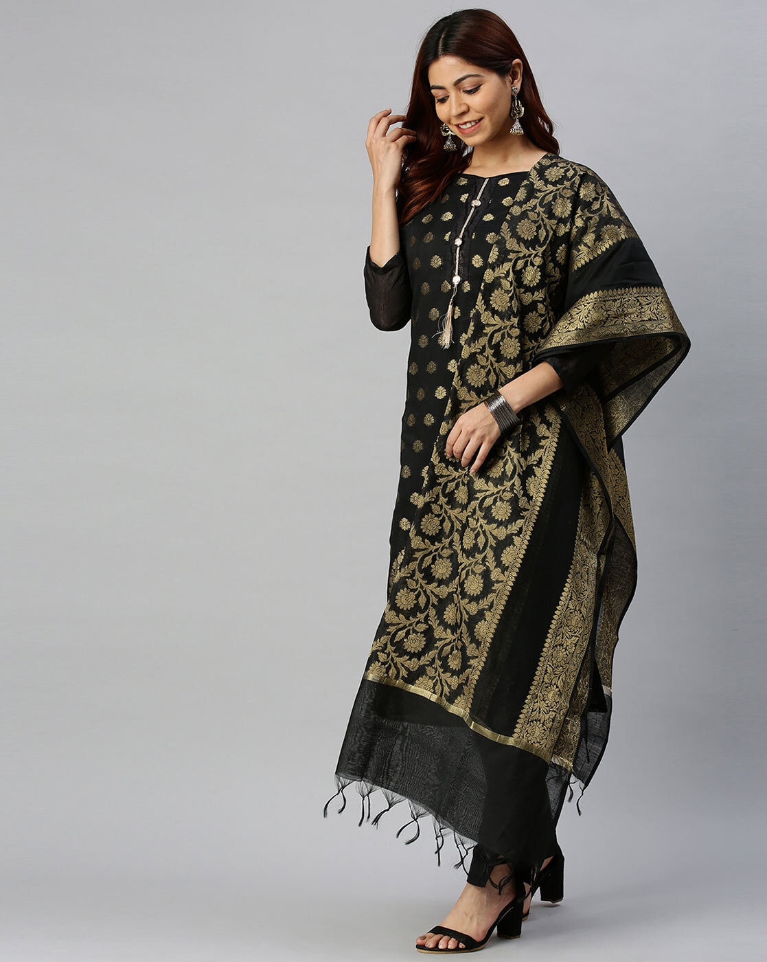Chanderi Cotton Fabric Black Color Dress Material