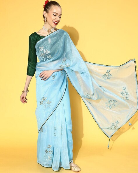 Banarasee Pure Organza Silk Saree With Floral Resham Embroidery-Light