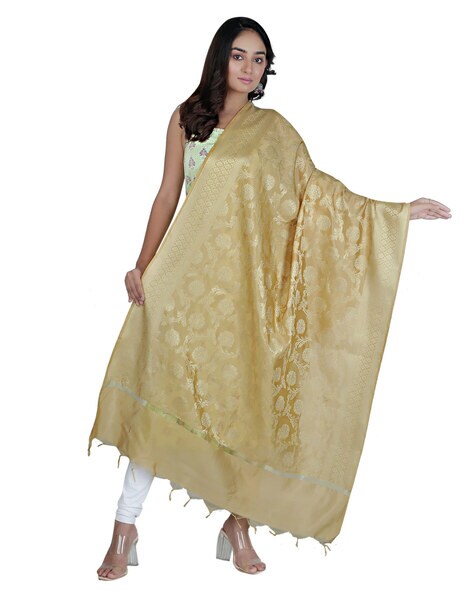 Woven Floral Pattern Banarasi Dupatta with Tassels Price in India