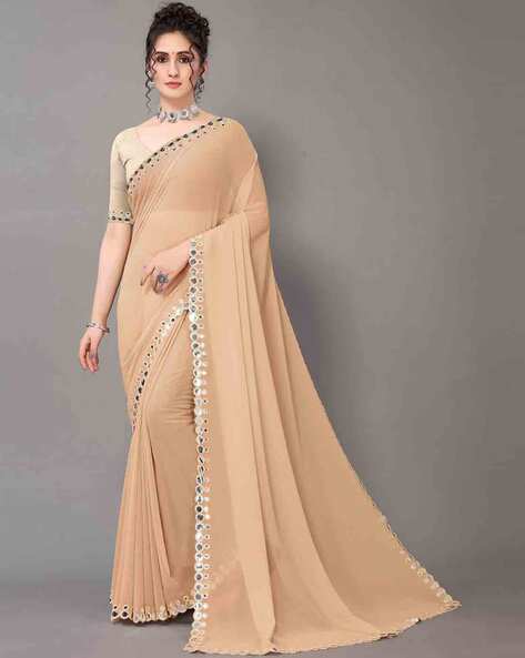 Party Wear Plain Beige Georgette Saree With Border at Rs 799 in Surat