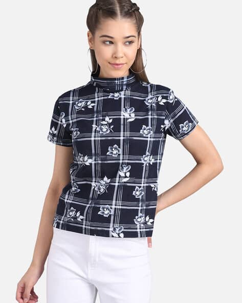 KOTTY Checked Turtle Neck Short Top