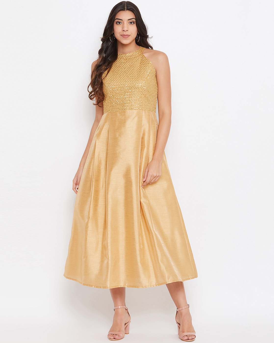 Georgette Stitched Bridal Golden Gown U Shape
