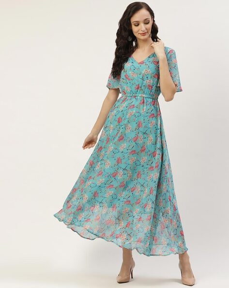 blue floral long dress