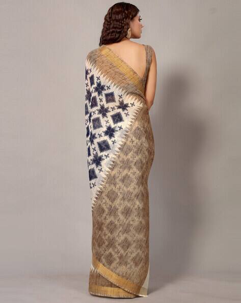 Silk Blend Block Printed Saree With Blouse Piece view 3