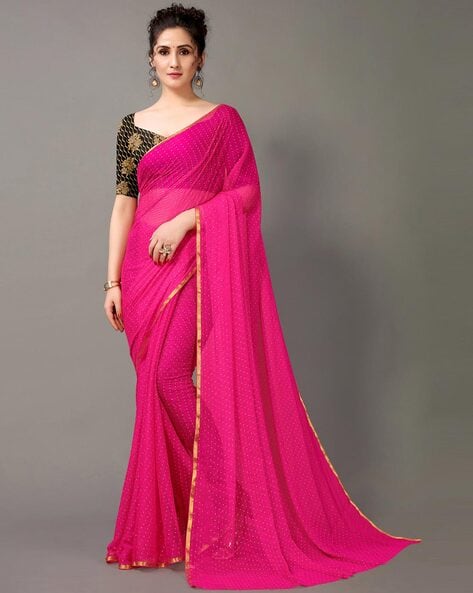 Flamingo Pink Zari Design Silk Saree With Matching Blouse