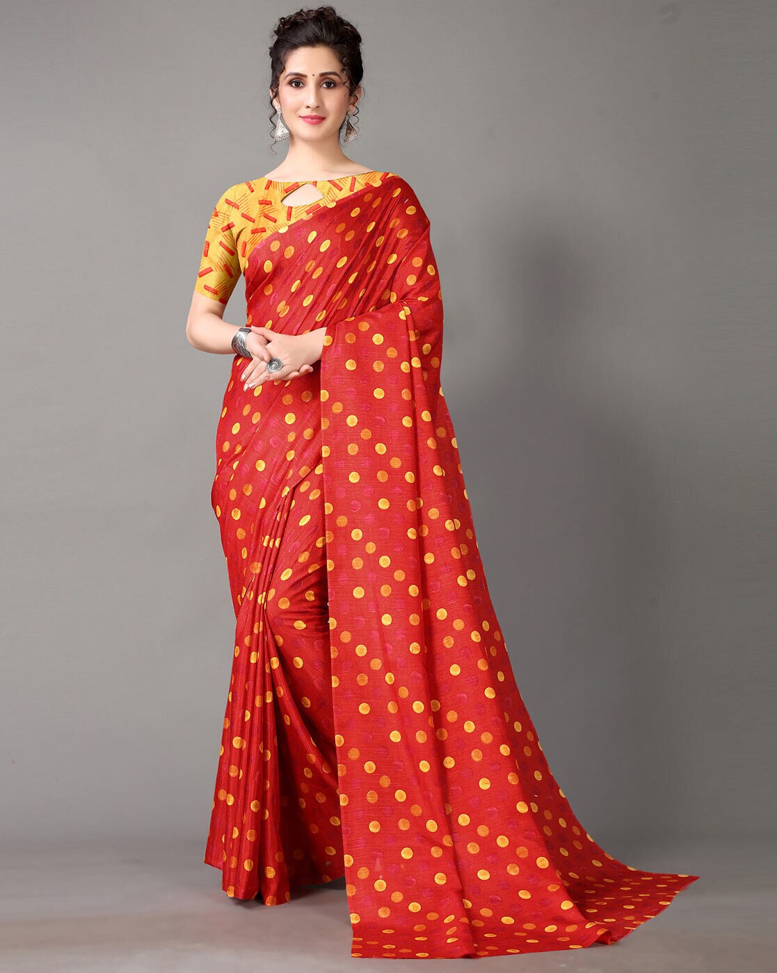 Black Linen Saree With Red Woven Polka dots – Thearyavart