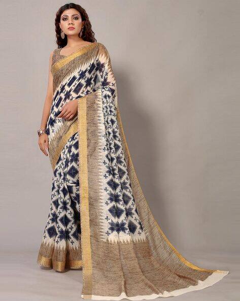 Silk Blend Block Printed Saree With Blouse Piece