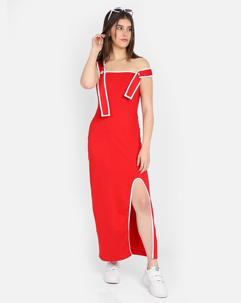 Red Satin A-line V-neck Long Prom Dress With Slit MP813 | Musebridals