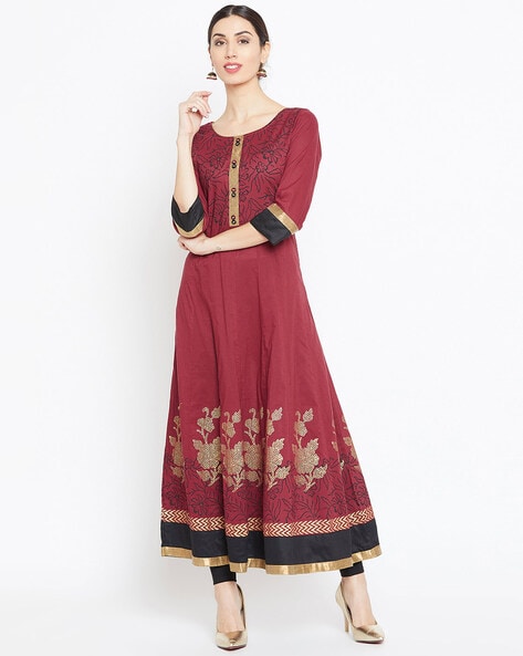 Buy WINERED Floral Print Flared Kurta | AJIO