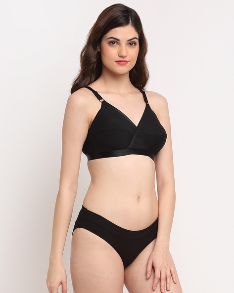 Buy online Black Cotton Bra And Panty Set from lingerie for Women