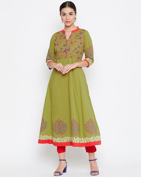 Blue Floral Print Anarkali Kurta with Brocade Lace Details