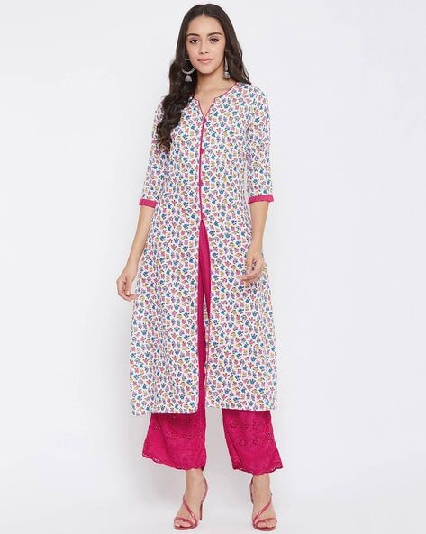 Floral Print A-line Kurta with Front Slit