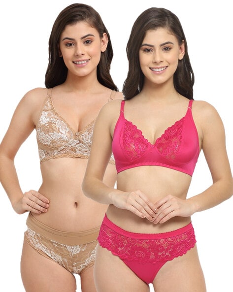 Buy online Pink Satin Bras And Panty Set from lingerie for Women