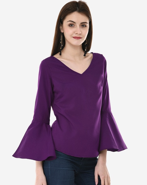 Scoop Neck Flounce Sleeve Blouse - Lilac / S