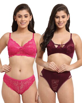 Buy CLOVIA Natural Womens Lace Plunge Bra and Panty Set