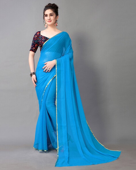 Turquoise Blue Woven Soft Banarasi Silk Saree With Contrast Blouse | Kolour