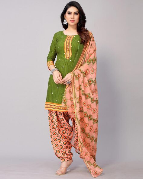 Geometric Print Unstitched Top with Bottom & Dupatta Price in India