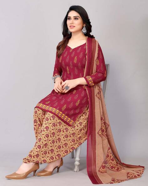 Leaf Print Unstitched Top with Bottom & Dupatta Price in India