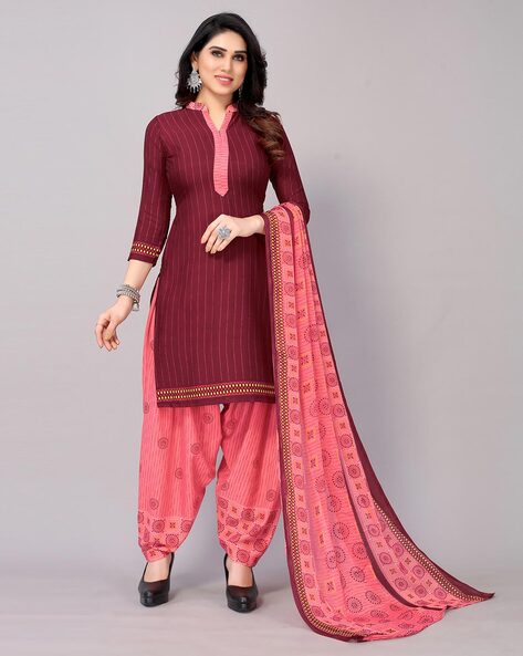Striped Unstitched Top with Bottom & Dupatta Price in India