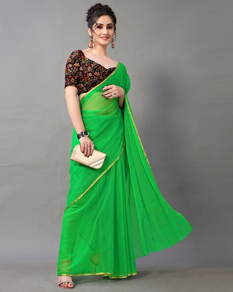 Vishal Prints Parrot Green Georgette Saree With Foil Print And Jari Bo