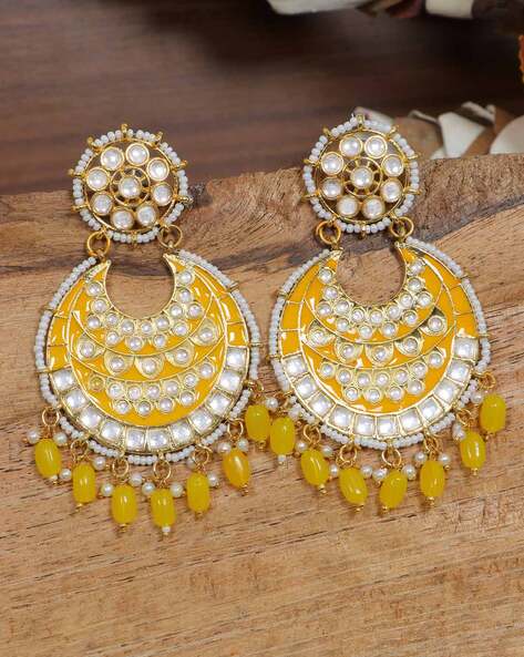 Small Kundan Earrings Gold Plated Yellow Stud Indian Bridal Jewelry  Pakistani | eBay