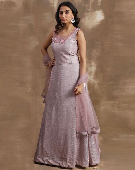 Half Sleeves Heavy Net Base Onion Pink Gown