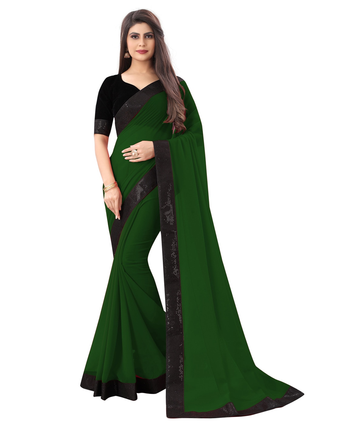 Reeta Fashion Elegant Dark Green Georgette Jacquard Lace Saree with  Unstitched Blouse | Reeta Fashion