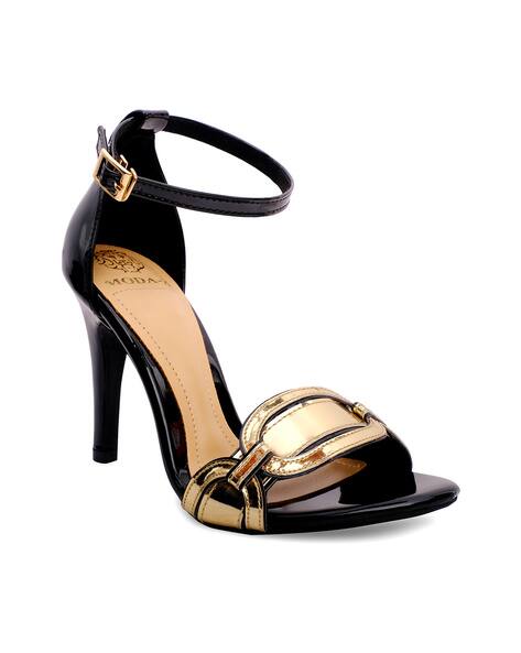 black and gold ankle strap heels
