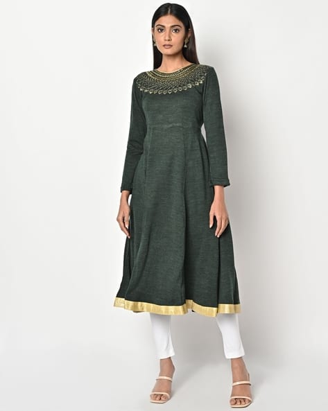 AURELIA Embroidered Round-Neck Flared Kurta