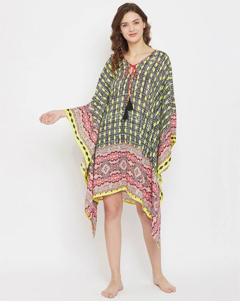 Buy ISHIN Brown Embellished Tie Up Neck Rayon Womens Kaftan Dress |  Shoppers Stop