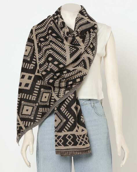 Geometric Pattern Stole with Frayed Hems Price in India