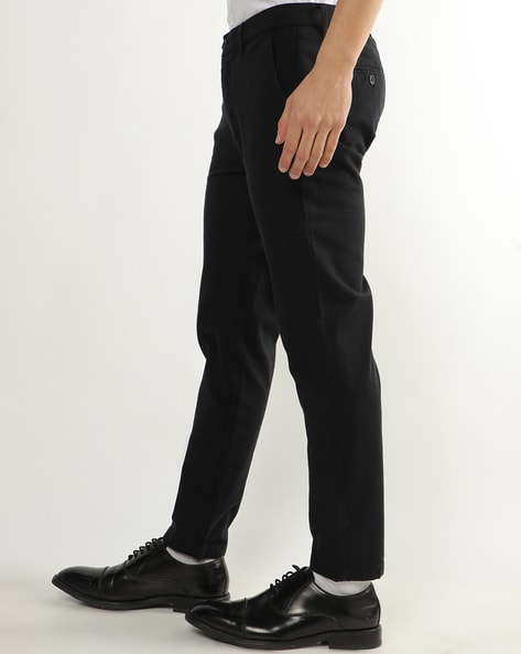 Buy Basics Black Low Rise Solid Tapered Fit Cotton Trousers for Men Online   Tata CLiQ