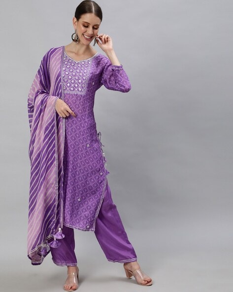 Rayon Cotton Purple White Kurti Pant Dupatta Set, Size: M, 160 Gsm at Rs  1299/set in Surat