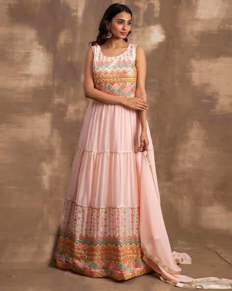 Sequins Embroidered Peach Georgette Gown