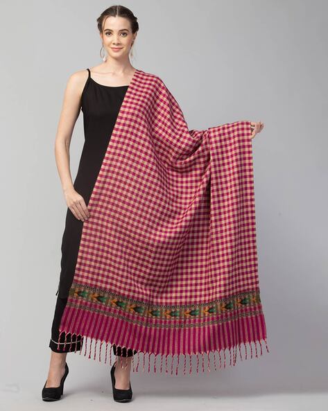 Checked Woven Shawl with Frayed Hems Price in India