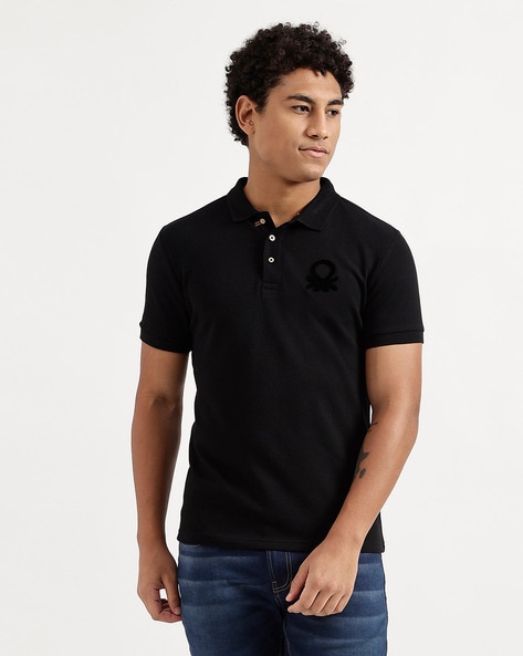 Men Black Solid Polo Neck T-shirt