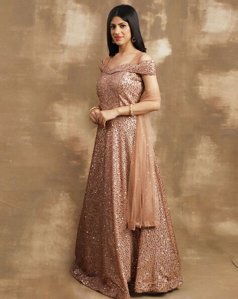 Buy Light Gold Net Embellished Anarkali Dress With Dupatta Online | Like A  Diva