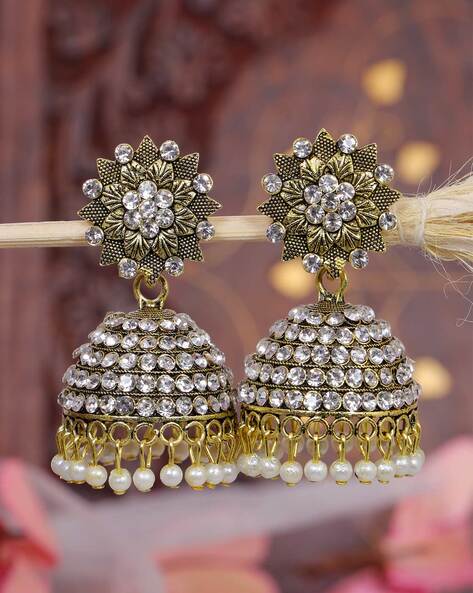 Ethnic Gold Pearl Blue Peacock Jhumka Drop Earrings – Neshe Fashion Jewelry