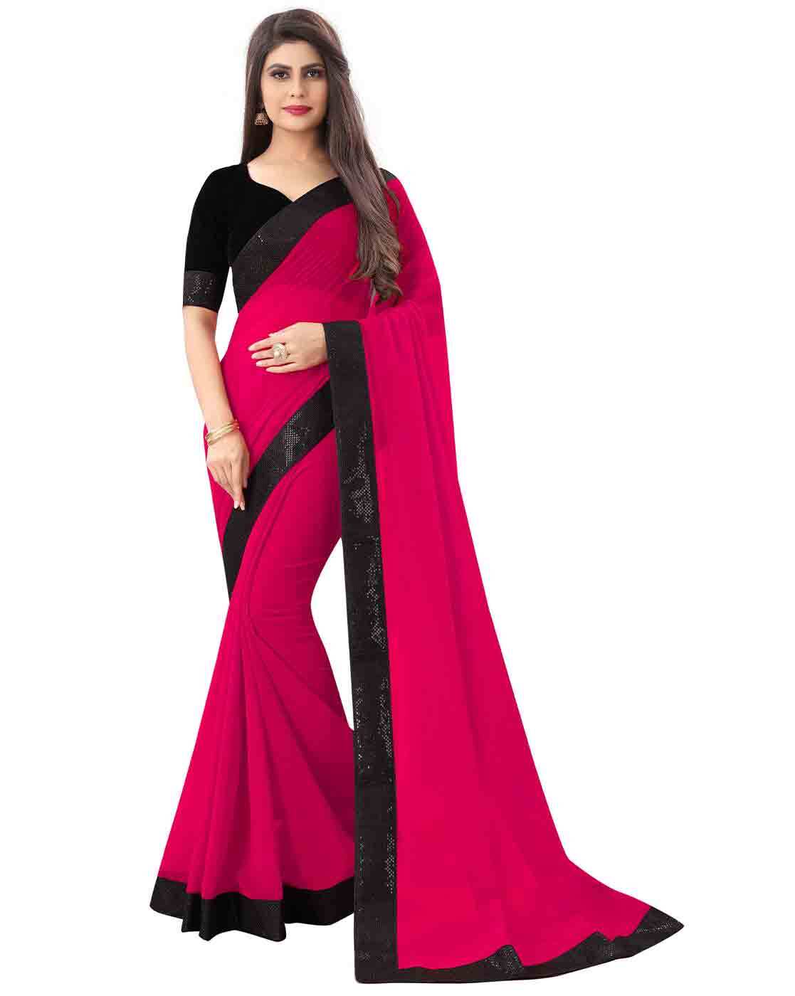 Amazing Look Sweetheart Neckline Pink Color Saree With Sequins Work Blouse