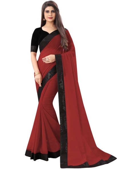 Burgundy plain body georgette designer saree features contrast black color  border & blouse of sequin work & embroidery