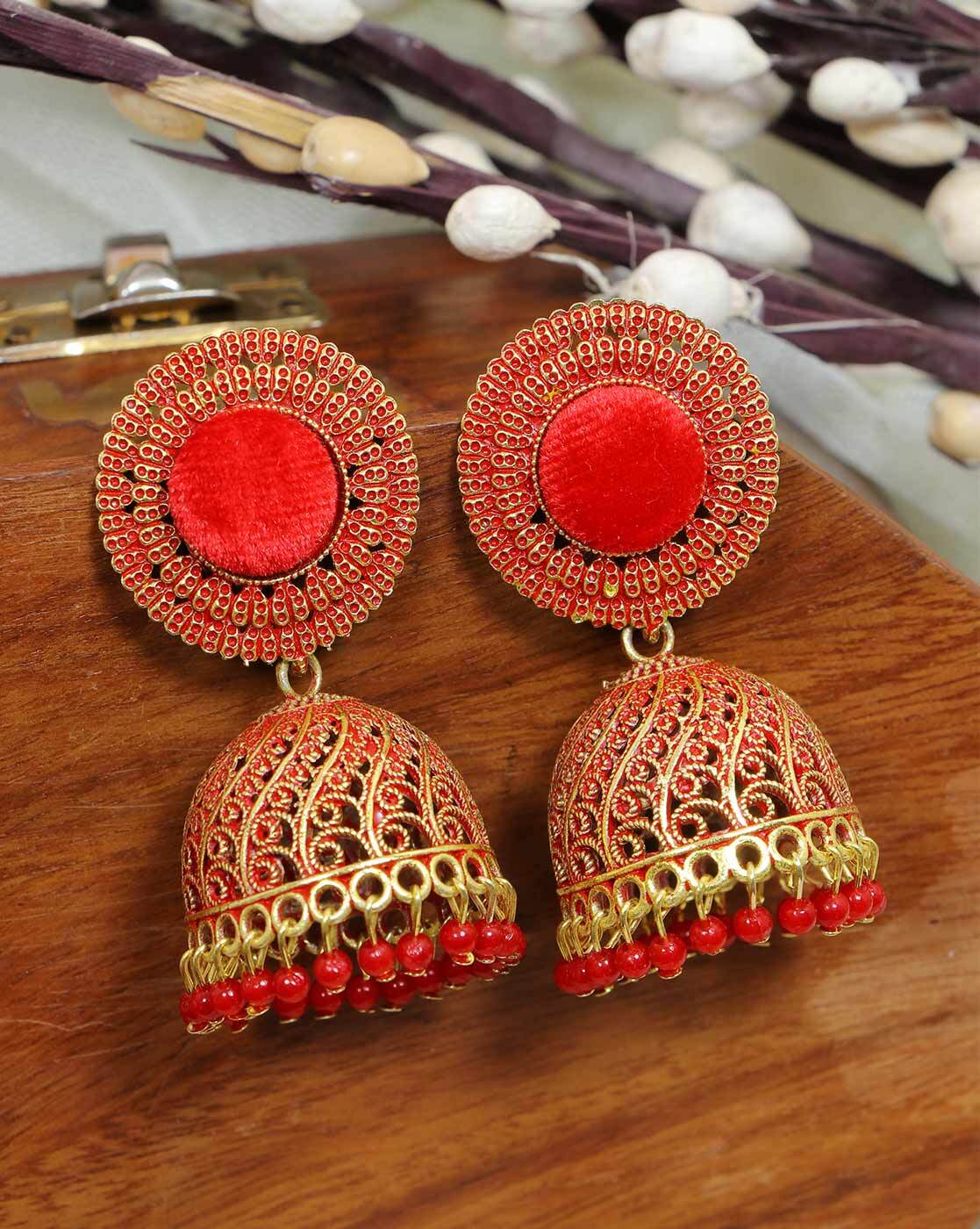 Red Stone Jhumka Earrings Funky Jhumkas - Etsy