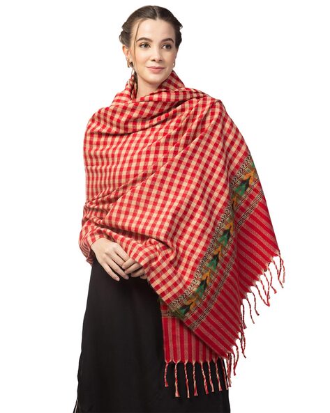 Checked Woven Shawl with Frayed Hem Price in India