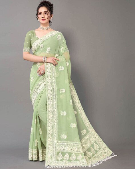 enitre body yelloe phool boota jaal chikankari saree - Indic Brands