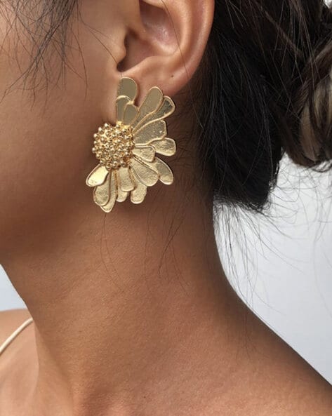 Tops Earrings for Girls with Floral Design  Gold Plated White Earrings   Workwear Studs  White Petunia Floral Stud Earrings by Blingvine