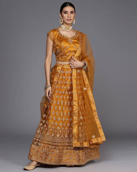 PIFB6298 Yellow Semi Stitched Banarasi Brocade Silk Ethnic Lehenga Choli  with Zari & Resham Weaving – Chhabra 555