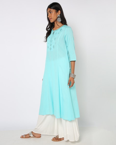 Woven Dupion Silk Pleated Kurti in Sky Blue : UNJ1134