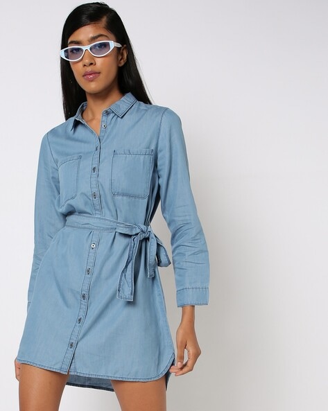 Denim Shirt Dress With Waist Tie, Medium Blue