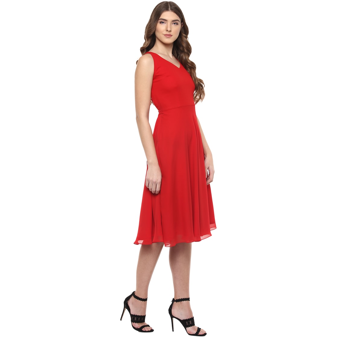 Red Floral Printed Tie-Up Neck Layered Smocked Fit Flare Dress – pluss.in